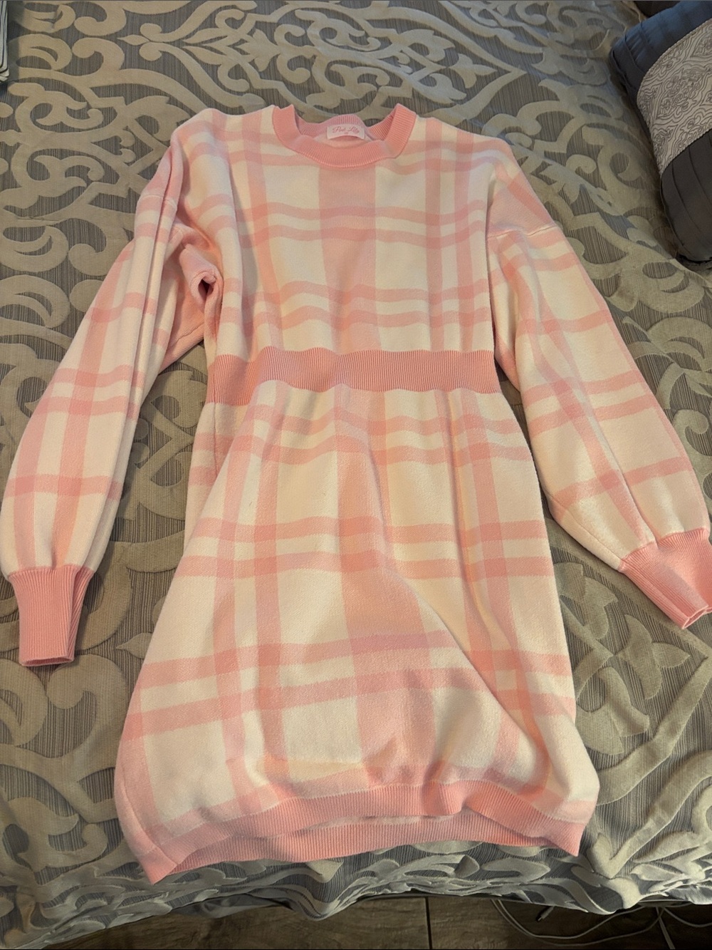 Pink Lily Pink and Cream Plaid Long Sleeve Knit Dress
